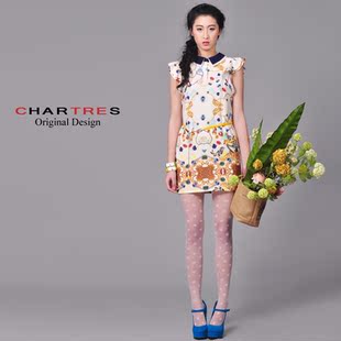  Chartres设计师原创品牌 两层领 巴洛克复古印花雪纺连衣裙QW881