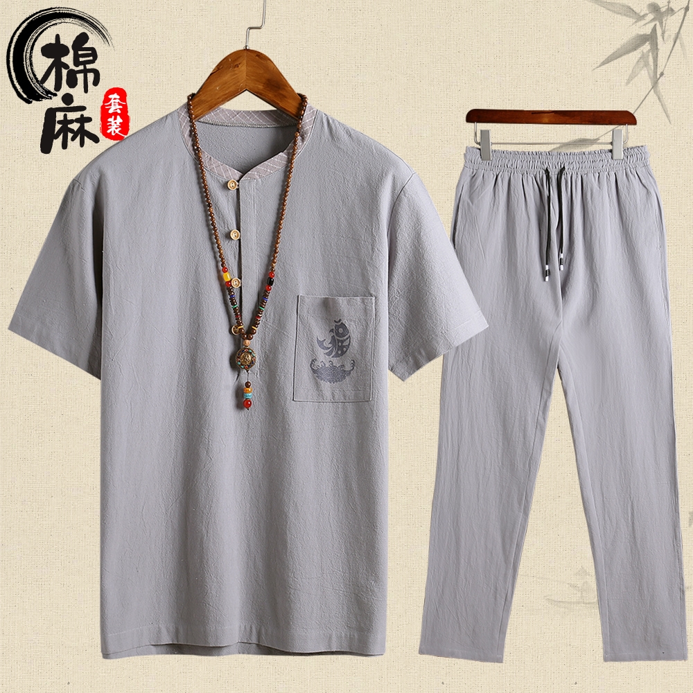 Chinese style Men's Large Summer wear suit Dad installed Cotton and hemp Short sleeved trousers grandpa Linen material clothesin the Men's clothing, T-shirt category - from Buy2taobao.com to provide professional Taobao agent buy service
