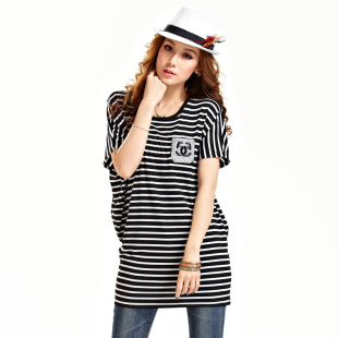  【天天特价】女式T恤短袖宽松高弹力t恤条纹棉 蕾丝拼接短袖t恤女