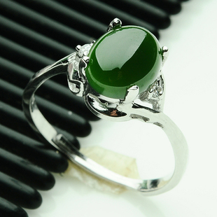  银镶嵌和田碧玉戒指 无黑点 天然和田玉碧玉戒指(可伸缩)送证书