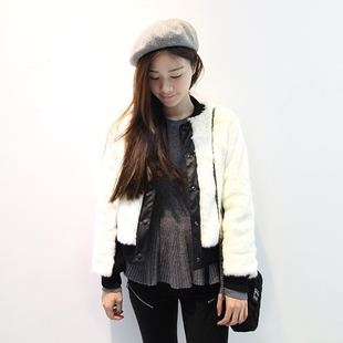  CBOMB 欧美风 简约仿皮草拼接毛毛短款夹克外套短外套 女 w213