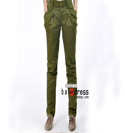 欧美黑绿哈伦裤中腰长裤女修身小脚显瘦<em>马裤</em>棉