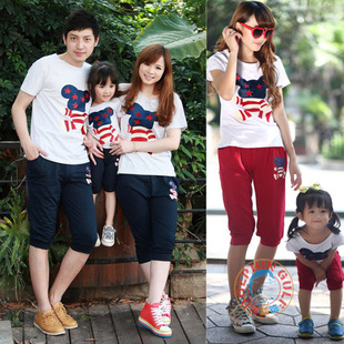  新款亲子装夏装全家装MOMO小熊暴力熊短袖运动套母女母子装