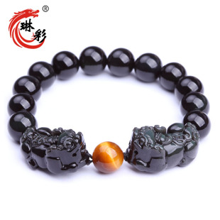  开光貔貅手链男款黑曜石双貔貅手链男士辟邪转运黑曜石手链女款