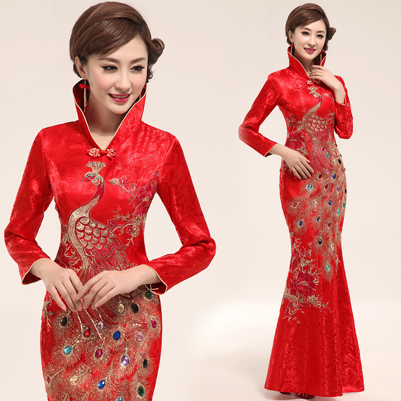 蜜月新娘2013新款促销长袖复古刺绣精品锦缎修身 长旗袍 新娘装 蜜月新娘2013新款促销长袖复古刺绣精品锦缎修身 长旗袍 新娘装