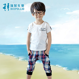  童装男童夏装新款韩版格子儿童衣服短袖T恤+哈伦七分中裤套装