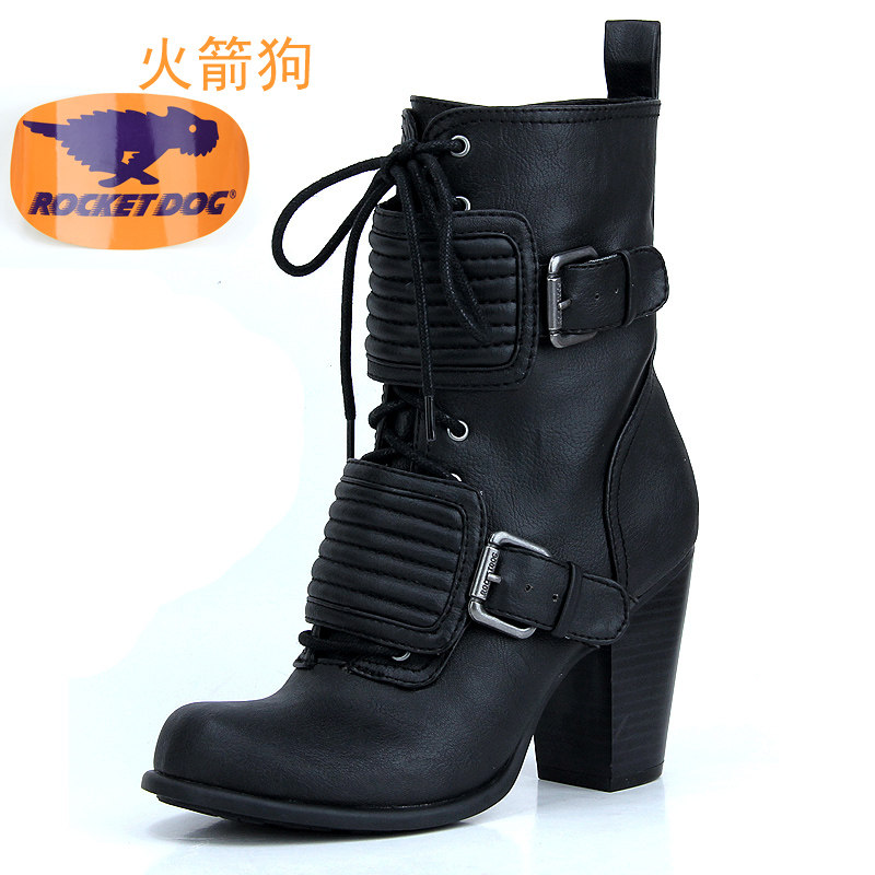 欧美大牌(火箭狗）原单品牌 皮带扣粗跟中筒靴高跟女靴 瑕疵处理