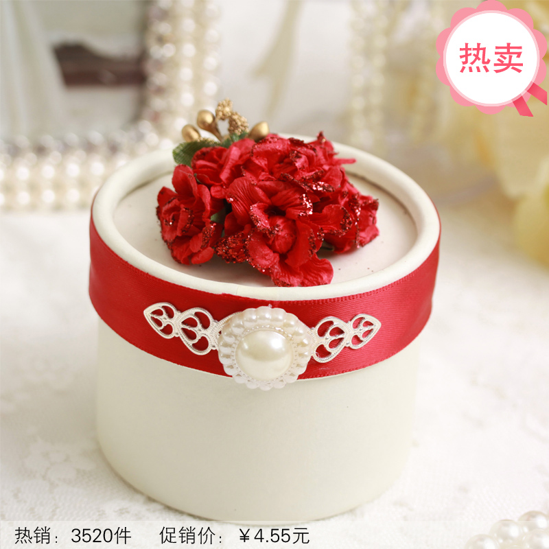 花朵丝带珍珠圆筒喜糖盒子 韩式欧式 创意 糖果盒 成品红色批发 花朵丝带珍珠圆筒喜糖盒子 韩式欧式 创意 糖果盒 成品红色批发