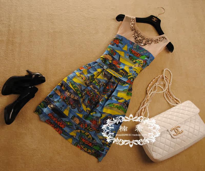 2013年女装夏装新款  欧式宫廷  蓝色卡通印花蛋糕层层连衣裙