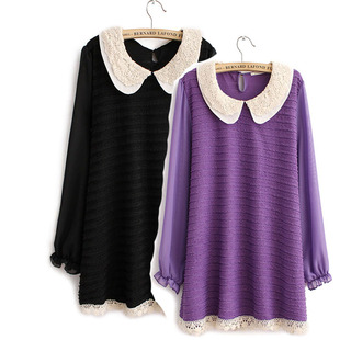  欧美大码女装/春装新款/胖mmt恤女长袖/蕾丝拼接雪纺女长袖女