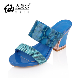  凉皮拖鞋子 夏季新款粗跟水钻高跟鞋一字拖真皮时尚凉拖鞋 女