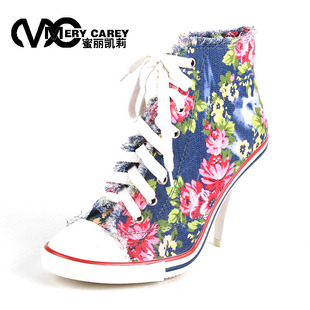  蜜丽凯莉韩版单鞋牛仔布帆布花朵系带高跟鞋韩国公主鞋潮 女