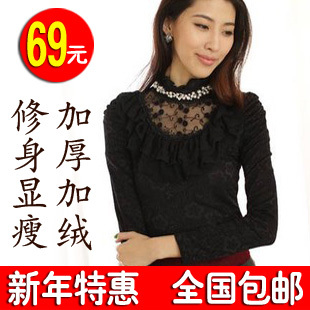  春装新款 韩版蕾丝高领打底衫长袖 加绒加厚时尚小衫女 上衣