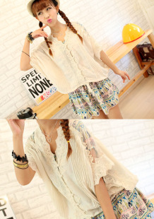  恋上公主 夏季女装新款 韩版系带蕾丝纱拼接蝙蝠衫t恤TX0357