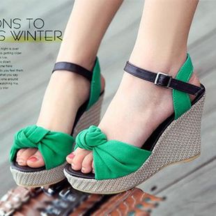  春夏新款凉鞋 韩版厚底鞋帆布麻编坡跟鱼嘴防水台高跟鞋女鞋