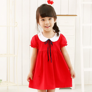  红色纯棉 童装 女童新款夏装韩版短袖女童连衣裙宝宝裙装