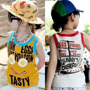  三一夏装韩版 童装鸡蛋眼睛字母儿童宝宝男童背心无袖T恤4776