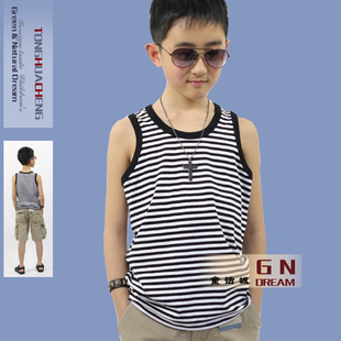  219 韩版横条莱卡弹力棉无袖T恤 背心 中大童 童装 男童