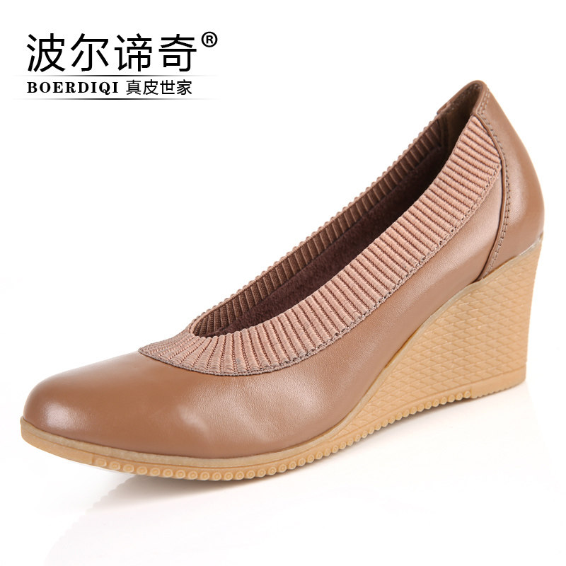 波尔谛奇头层牛皮春季新品坡跟单鞋女高跟浅口女鞋子7983-1