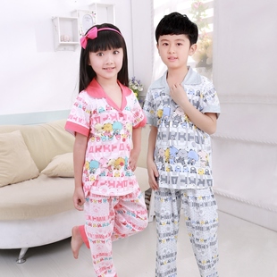 阿拉兜100%纯棉儿童睡衣 男童女孩开衫套装 兄妹款短袖长裤家居服