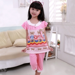  儿童节礼物 纯棉儿童睡衣 女童短袖中裤套装夏季女孩针织棉家居服