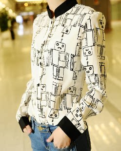 2013 欧美复古撞色雪纺衬衫女 长袖立领 衬衣