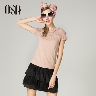  春愫叮咛OSA夏装新款女装蕾丝镂空上衣拼接T恤女短袖T32114