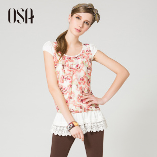  繁花点缀OSA夏季新款女装 花朵拼接蕾丝边短袖T恤 T32167