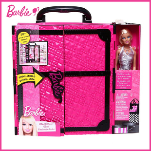  正品Barbie娃娃玩具 芭比手提箱梦幻衣橱套装礼盒 女孩礼物X4833