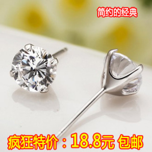  925纯银耳钉正品 男女情侣款 韩国可爱耳饰品 四爪钻石耳钉防过敏