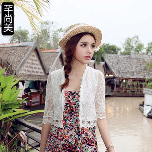  芊尚美夏季韩版女士雪纺短袖短外套薄小坎肩蕾丝百搭开衫小披肩