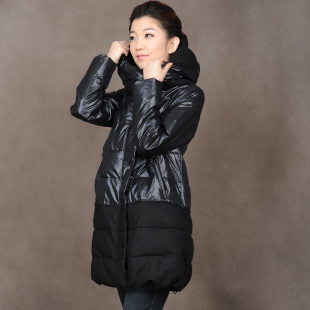  麻语者冬装新款高领拼接连帽女中长款棉衣外套羽绒棉棉服MDM-6215