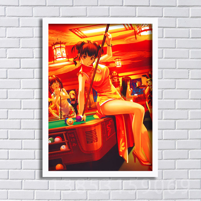 美女打台球 客厅台球室桌球厅海报装饰画挂画有框画YC117