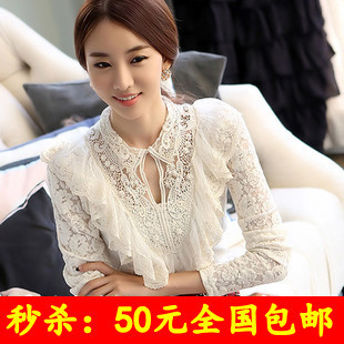  春装新款韩版时尚修身蕾丝衫女长袖雪纺衬衫娃娃领打底衫秋冬衬衣