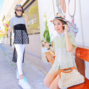  原创女装小维 夏装上衣短袖女t恤 圆领拼接雕花镂空蕾丝长摆造型T