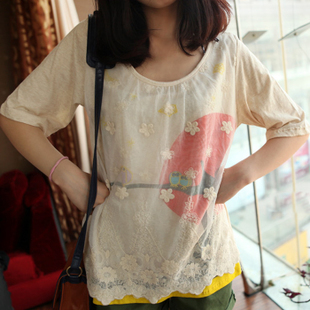 日单 夏装新款 森女系名族风蕾丝双层拼接圆领气质中袖打底T恤 女