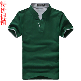  夏季新款韩版修身V领男士短袖T恤 字母绣标纯棉加大t恤 半袖汗衫
