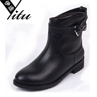  新款YITU欧美秋冬低跟平底真皮短靴 女鞋骑士女靴大码靴子