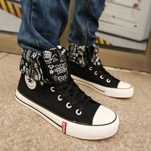  潮流新款韩版高帮鞋男帆布鞋男布鞋英伦时尚棉质翻边透气男鞋