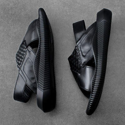 牛皮男士凉鞋2019新款夏季厚底编织松糕凉鞋韩版潮流真皮罗马凉鞋