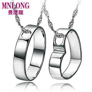  曼诺龙 心形戒指环情侣项链 925纯银饰 创意韩版吊坠 一对可刻字