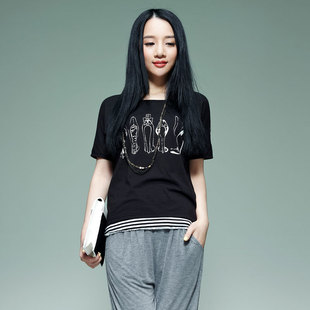  夏装新品 唐狮正品女短袖蕾丝拼接印花T恤