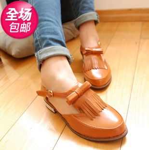  春夏款新品英伦复古侧镂空搭扣蝴蝶结尖头流苏浅口单鞋女鞋子