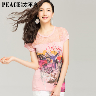  太平鸟女装夏装新款  拼接蕾丝短袖T恤 印花休闲女