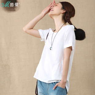  茵曼 夏装新款 麻棉纯色圆领短袖套头衬衫女衬衣D830618