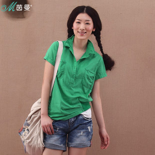  茵曼 夏装新款衬衣女 全棉 螺纹拼接套头短袖衬衫女82480