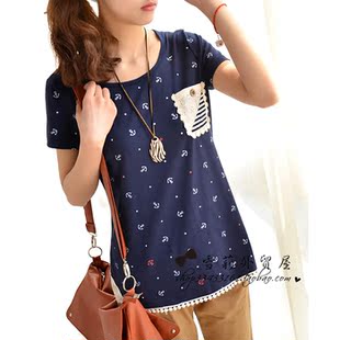  春夏新款 日系森女船锚蝴蝶结印花 蕾丝内衬 短袖T恤 显瘦