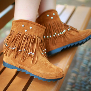  欧美复古女鞋厚底秋季短靴流苏靴内增高鞋平跟平底鞋女单靴子