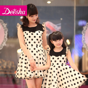  笛莎夏装新品亲子装波点淑女短袖母女装夏装连衣裙1313803