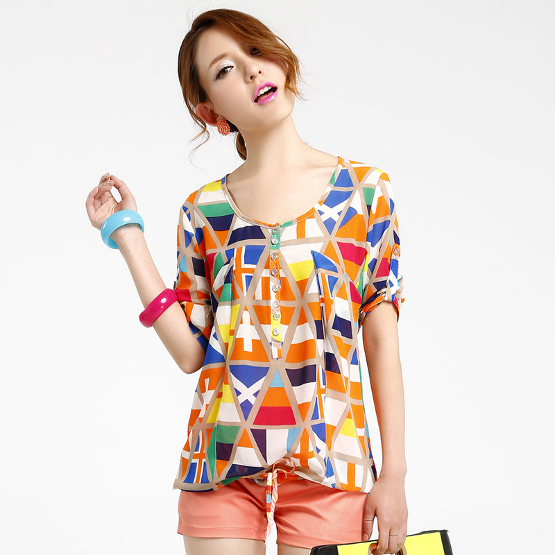 雪纺衬衫修身花色宽...